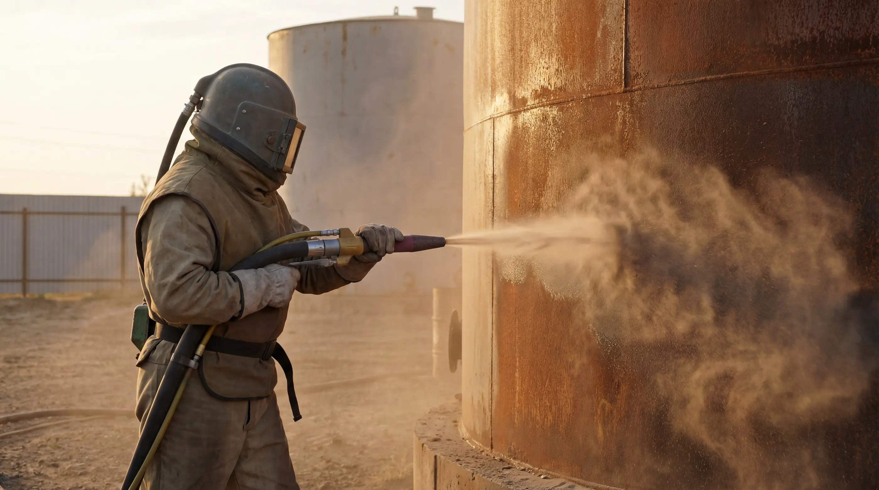 Dustless blasting work on a rusted metal tank